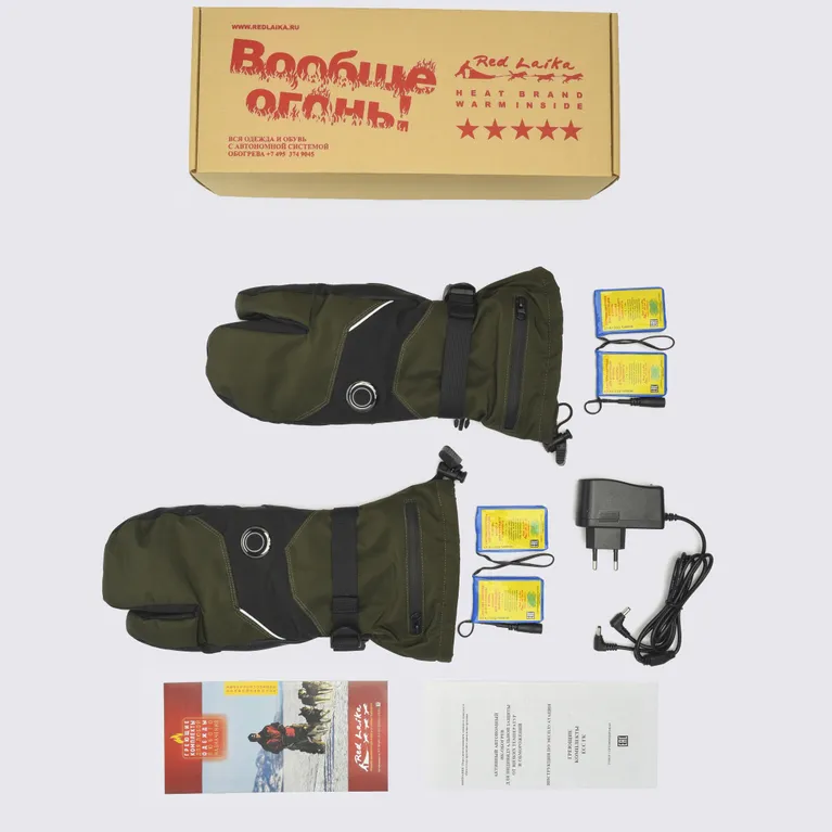 Red Laika / Трёхпалые рукавицы RL-R-06 с регулируемым подогревом на аккумуляторах хаки