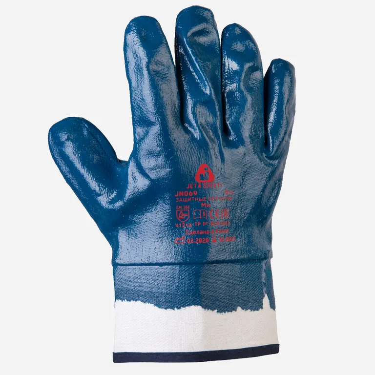 Jeta Safety / Перчатки JN069 трикотажные с манжетой крагой, с полным нитриловым покрытием