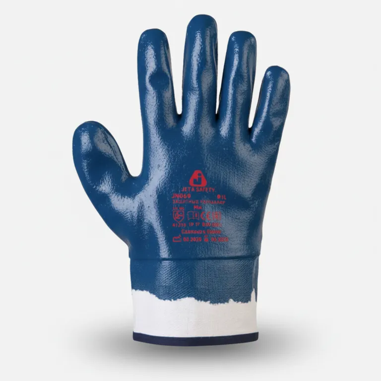 Jeta Safety / Перчатки JN069 трикотажные с манжетой крагой, с полным нитриловым покрытием